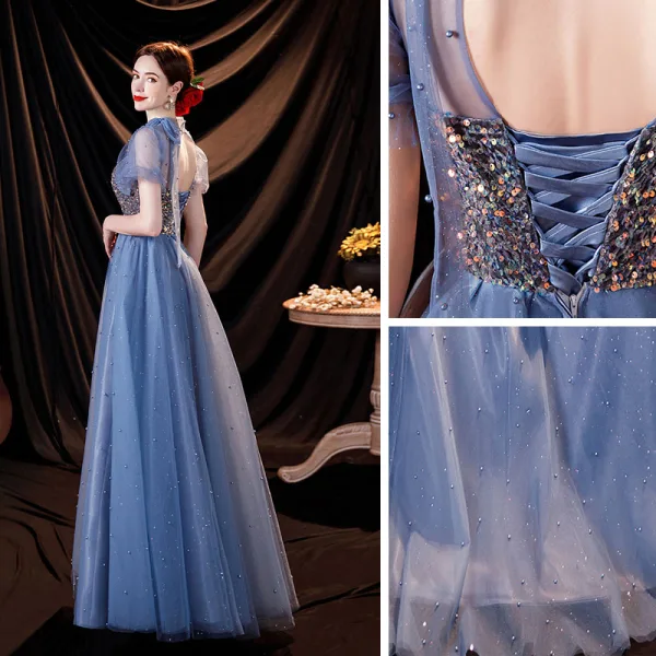 Fashion Ocean Blue Prom Dresses 2021 A-Line / Princess High Neck Beading Pearl Sequins Short Sleeve Backless Floor-Length / Long Formal Dresses