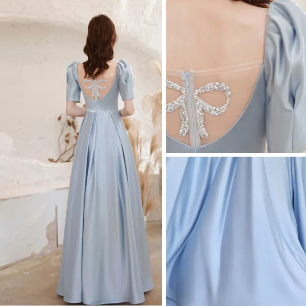 Elegant Sky Blue Satin Prom Dresses 2021 A-Line / Princess Square Neckline Short Sleeve Backless Floor-Length / Long Formal Dresses
