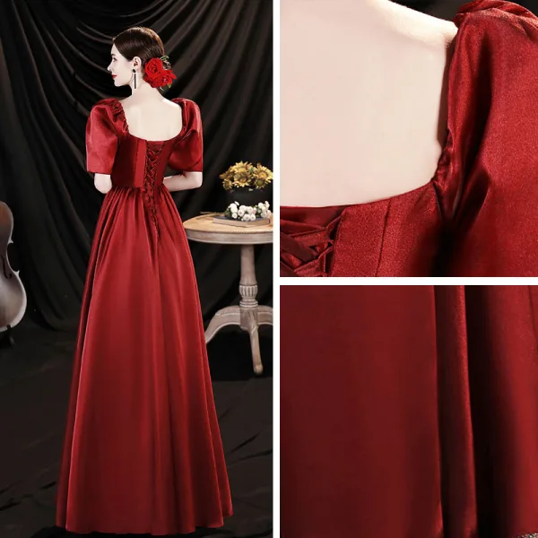 Elegant Burgundy Satin Prom Dresses 2021 A-Line / Princess Square Neckline Puffy Short Sleeve Backless Floor-Length / Long Prom Dresses