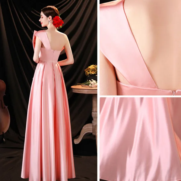 Schön Pink Satin Ballkleider 2021 A Linie One-Shoulder Schleife Ärmellos Rückenfreies Lange Festliche Kleider