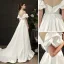 High End Ivory / Creme Satin Brautkleider / Hochzeitskleider 2021 A Linie Rüschen Off Shoulder Kurze Ärmel Rückenfreies Sweep / Pinsel Zug Hochzeit
