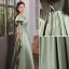 Elegante Salbeigrün Satin Ballkleider 2021 A Linie V-Ausschnitt Geschwollenes Kurze Ärmel Lange Festliche Kleider