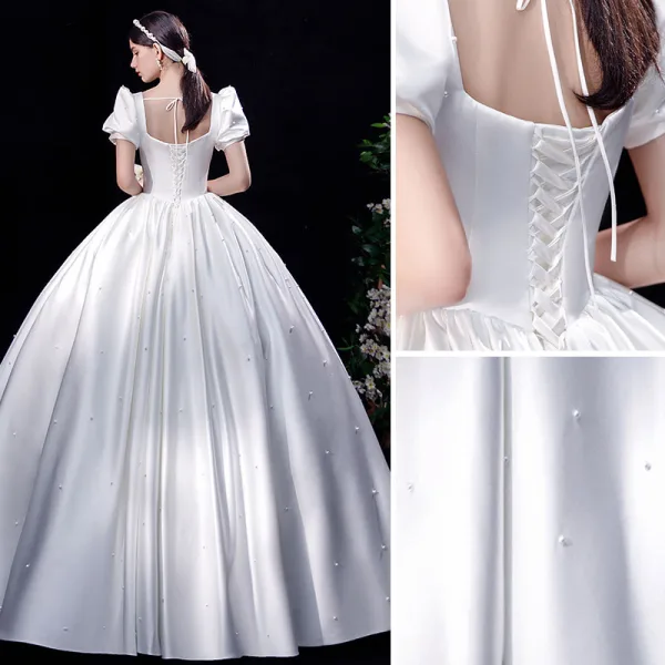 Elegant Ivory Satin Wedding Dresses 2021 Ball Gown Square Neckline Pearl Puffy Short Sleeve Backless Floor-Length / Long Wedding