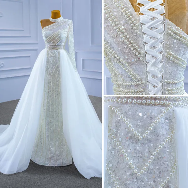 High End Glitzernden Weiß Brautkleider / Hochzeitskleider 2021 Meerjungfrau Perlenstickerei Stehkragen Perle Pailletten Lange Ärmel Rückenfreies Hof-Schleppe Hochzeit