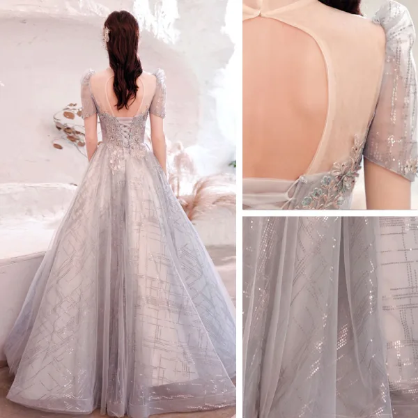 Chic / Belle Argenté En Dentelle Fleur Robe De Bal 2021 Princesse Col Haut Perlage Perle Faux Diamant Paillettes Manches Courtes Dos Nu Longue Robe De Ceremonie