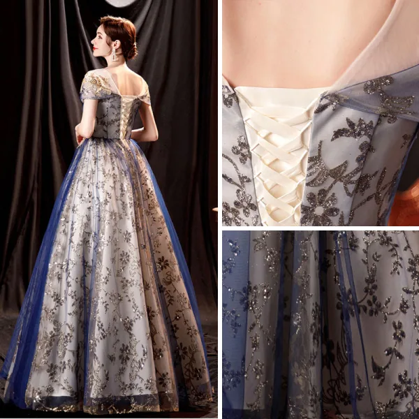 Charmant Bling Bling Océan Bleu Robe De Bal 2021 Princesse Encolure Dégagée Perlage Paillettes En Dentelle Fleur Manches Courtes Dos Nu Longue Robe De Ceremonie