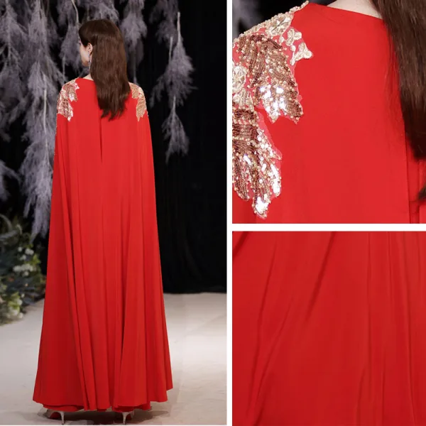 Chic / Belle Rouge Paillettes manteau Robe De Bal Robe De Soirée 2021 Princesse Encolure Dégagée Sans Manches Longue Robe De Ceremonie