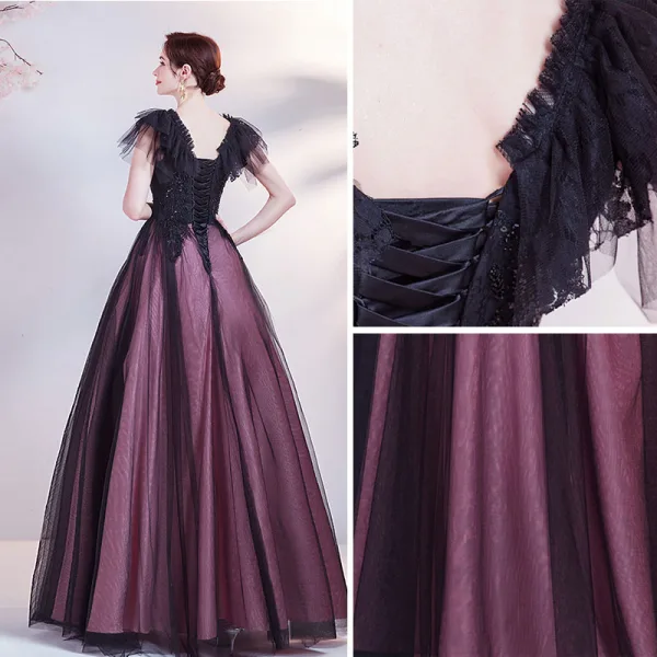 Vintage / Originale Violet Perlage Paillettes En Dentelle Fleur Robe De Bal 2021 Princesse V-Cou Manches Courtes Dos Nu Longue Robe De Ceremonie