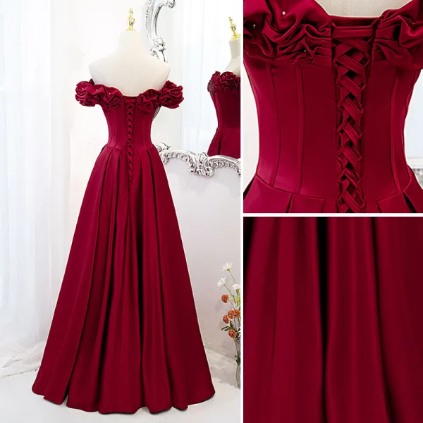 Elegant Burgundy Satin Prom Dresses 2021 A-Line / Princess Ruffle Off-The-Shoulder Short Sleeve Backless Floor-Length / Long Formal Dresses