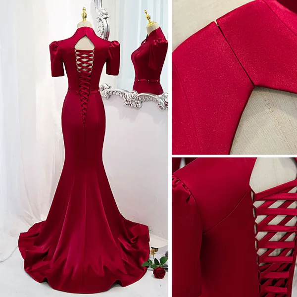 Chic / Beautiful Burgundy Satin Cheongsam / Qipao Evening Dresses 2021 A-Line / Princess High Neck Backless Rhinestone Sash Short Sleeve Floor-Length / Long Evening Party