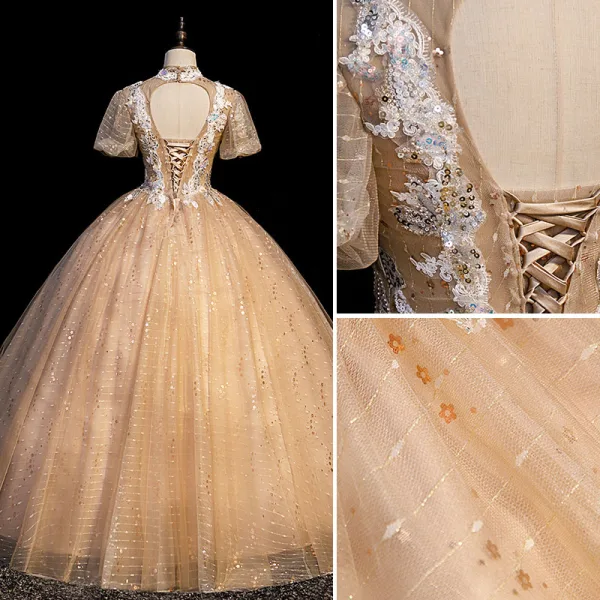Charmant Champagne Robe De Bal 2021 Robe Boule Col Haut Paillettes En Dentelle Fleur Manches Courtes Dos Nu Longue Robe De Ceremonie