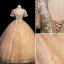 Charmant Champagne Robe De Bal 2021 Robe Boule Col Haut Paillettes En Dentelle Fleur Manches Courtes Dos Nu Longue Robe De Ceremonie