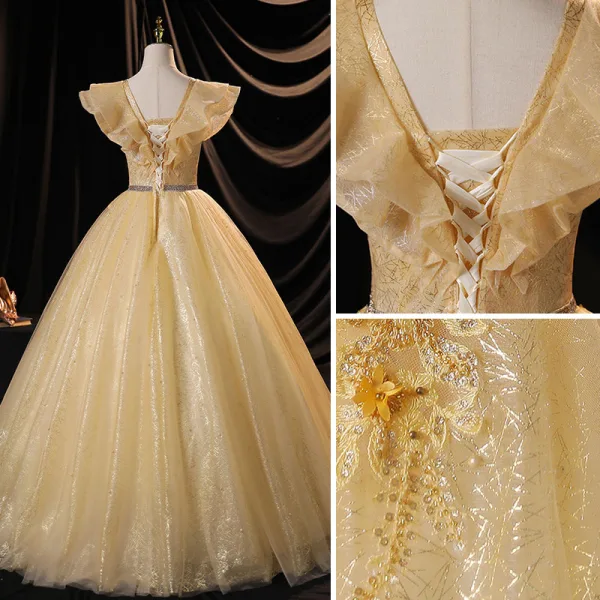 Charming Champagne Prom Dresses 2021 Ball Gown V-Neck Appliques Pearl Sequins Lace Flower Sleeveless Backless Floor-Length / Long Formal Dresses