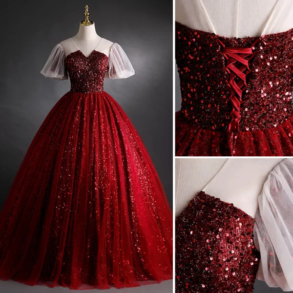 Sparkly Burgundy Sequins Prom Dresses 2021 Ball Gown V-Neck Beading Short Sleeve Backless Floor-Length / Long Formal Dresses
