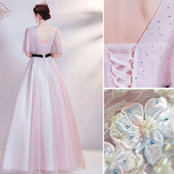 Chic / Belle Rougissant Rose Robe De Bal 2021 Princesse Encolure Dégagée Perlage Perle Faux Diamant En Dentelle Fleur Manches Courtes Dos Nu Noeud Ceinture Longue Robe De Ceremonie