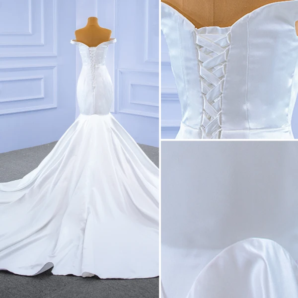Vintage / Retro Ivory Satin Wedding Dresses 2021 Trumpet / Mermaid Off-The-Shoulder Sleeveless Backless Royal Train Wedding