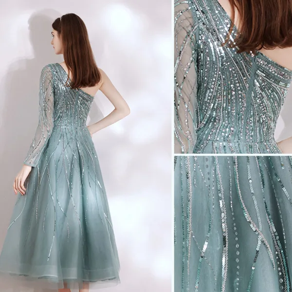 Charmant Vert Jade Paillettes Robe De Soirée 2021 Princesse Une épaule Manches Longues Dos Nu Thé Longueur Soirée Robe De Ceremonie