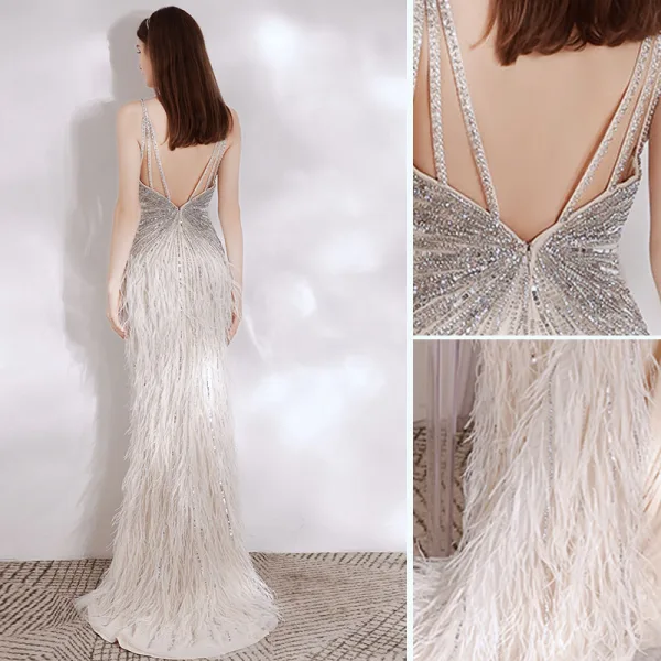 Scintillantes Sexy Argenté Perlage Paillettes Plumes Robe De Soirée 2021 Trompette / Sirène Bretelles Spaghetti Sans Manches Dos Nu Longue Soirée Robe De Ceremonie