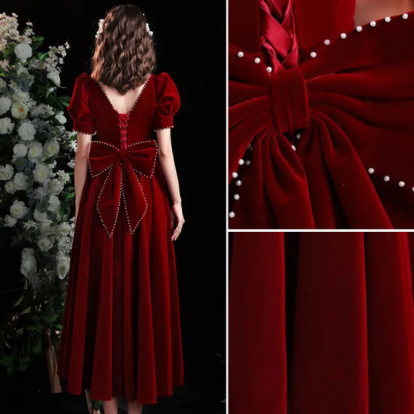 Chic / Beautiful Burgundy Suede Homecoming Graduation Dresses 2021 A-Line / Princess Pearl Square Neckline Puffy Short Sleeve Backless Bow Tea-length Formal Dresses