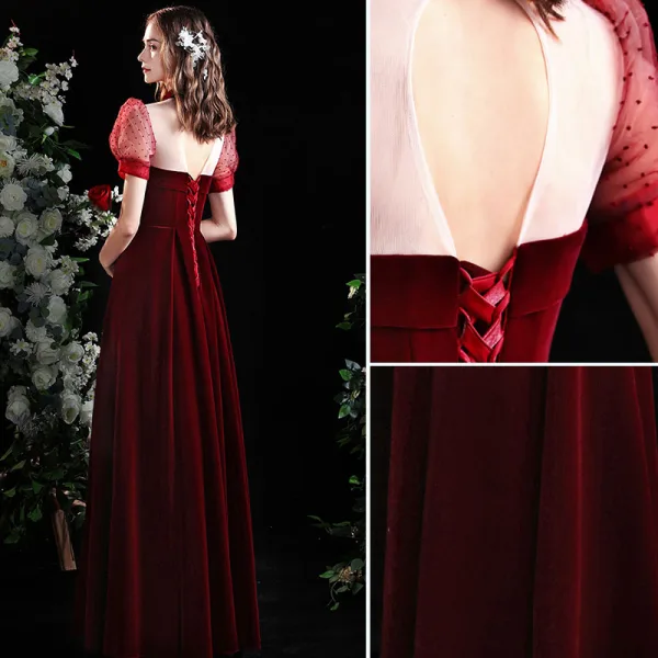 Elegant Burgundy Suede Prom Dresses 2021 A-Line / Princess High Neck Short Sleeve Backless Tea-length Prom Formal Dresses