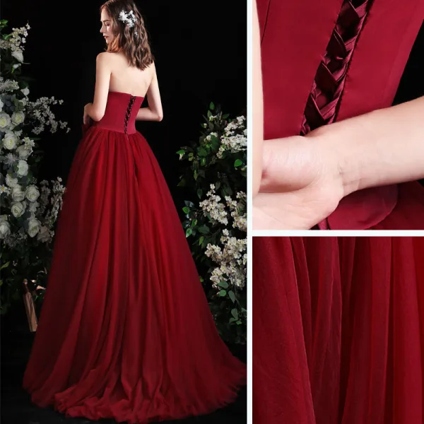 Chic / Belle Bordeaux Robe De Bal 2021 Princesse Bustier Noeud Sans Manches Longue Promo Robe De Ceremonie