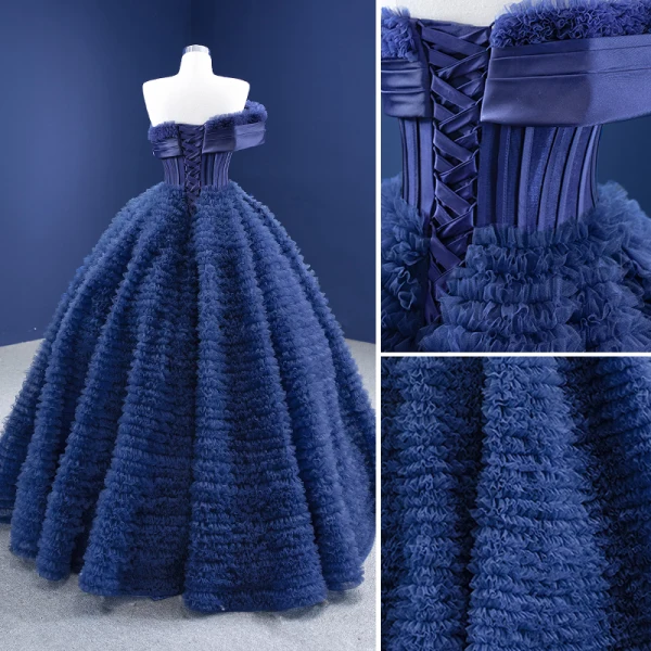 Vintage / Retro Navy Blue Ruffle Prom Dresses 2021 Ball Gown Off-The-Shoulder Sleeveless Backless Floor-Length / Long Prom Formal Dresses