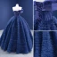Vintage / Retro Navy Blue Ruffle Prom Dresses 2021 Ball Gown Off-The-Shoulder Sleeveless Backless Floor-Length / Long Prom Formal Dresses
