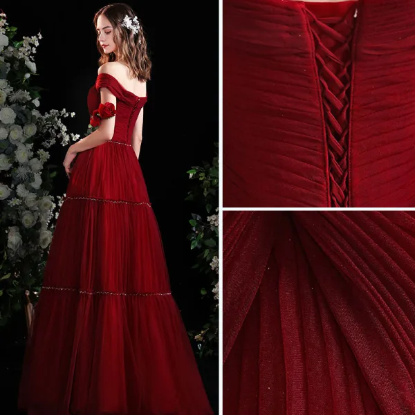 Charming Burgundy Pleated Prom Dresses 2021 A-Line / Princess Off-The-Shoulder Sleeveless Backless Split Front Floor-Length / Long Formal Dresses
