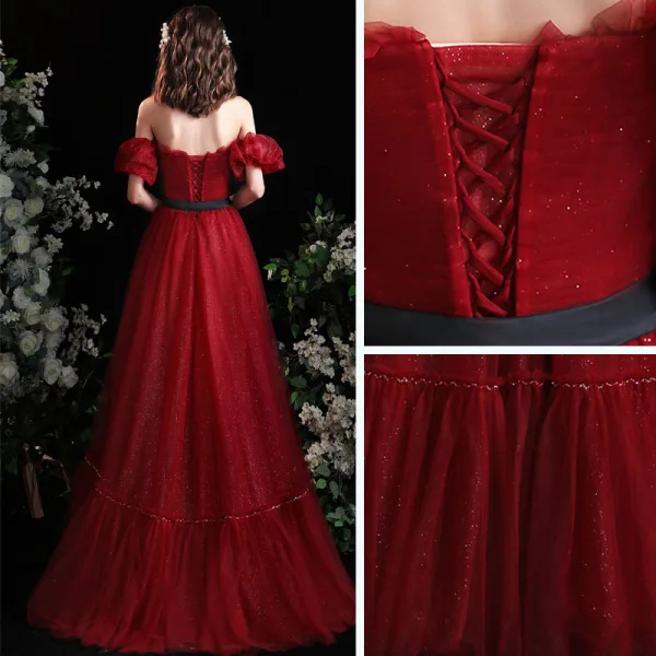 Charming Burgundy Glitter Prom Dresses 2021 A-Line / Princess Off-The-Shoulder Puffy Short Sleeve Sash Floor-Length / Long Prom Formal Dresses