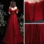 Charming Burgundy Glitter Prom Dresses 2021 A-Line / Princess Off-The-Shoulder Puffy Short Sleeve Sash Floor-Length / Long Prom Formal Dresses