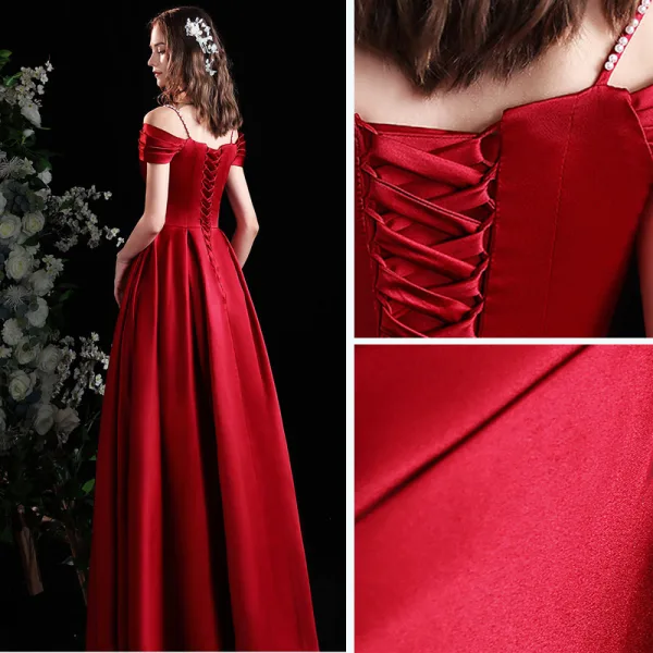 Elegant Burgundy Satin Prom Dresses 2021 A-Line / Princess Short Sleeve Backless Floor-Length / Long Prom Formal Dresses
