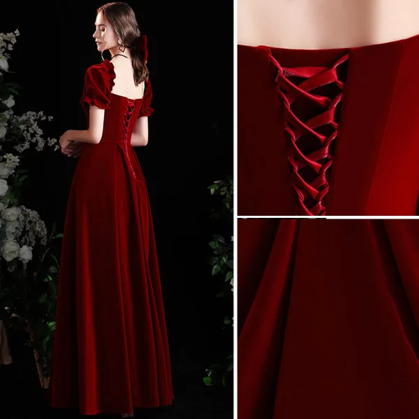Élégant Bordeaux Daim Robe De Bal 2021 Princesse Encolure Carrée Manches Courtes Dos Nu Longue Promo Robe De Ceremonie