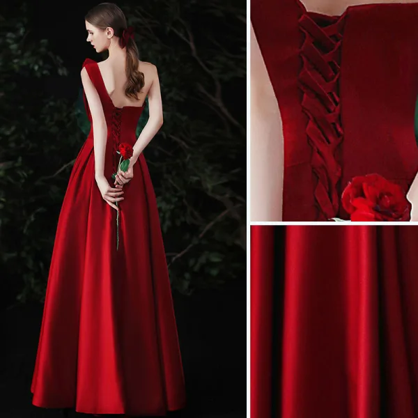 Fashion Burgundy Satin Prom Dresses 2021 A-Line / Princess One-Shoulder Bow Sleeveless Backless Floor-Length / Long Formal Dresses