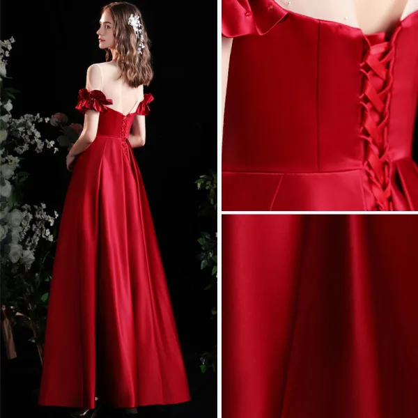 Elegant Burgundy Satin Prom Dresses 2021 A-Line / Princess Scoop Neck Ruffle Short Sleeve Backless Floor-Length / Long Formal Dresses
