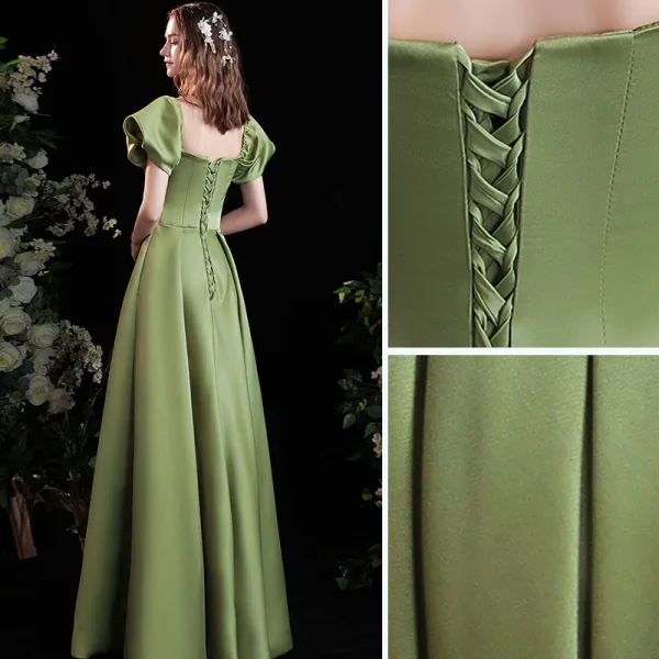 Chic / Beautiful Sage Green Satin Prom Dresses 2021 A-Line / Princess Off-The-Shoulder Puffy Short Sleeve Backless Floor-Length / Long Formal Dresses