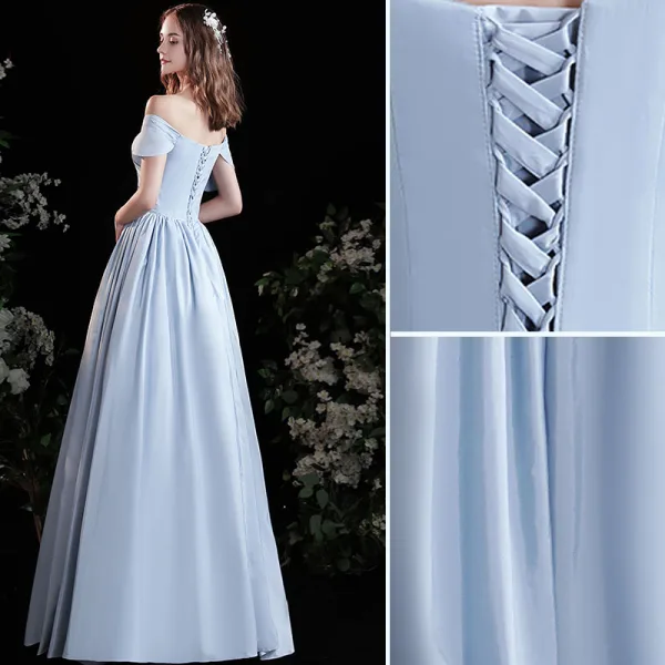 Chic / Beautiful Sky Blue Satin Prom Dresses 2021 A-Line / Princess Off-The-Shoulder Short Sleeve Backless Floor-Length / Long Prom Formal Dresses