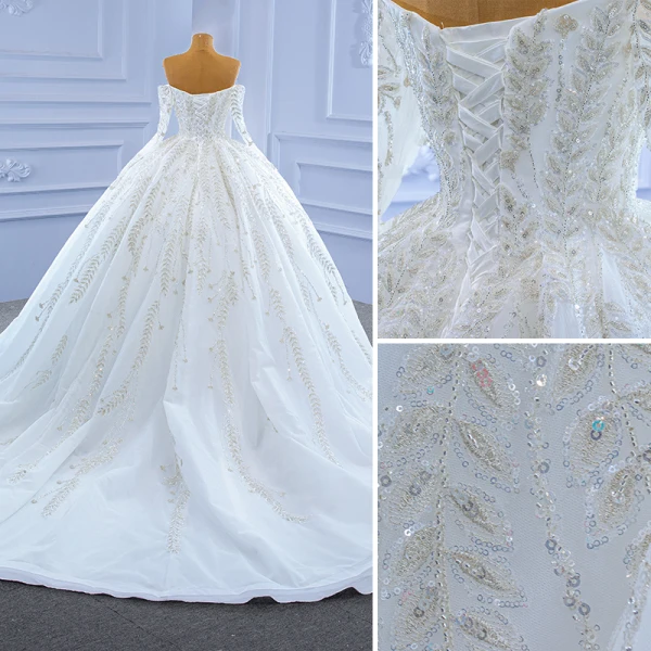 High-end White Wedding Dresses 2021 Ball Gown Off-The-Shoulder Beading Sequins Lace Flower Long Sleeve Backless Royal Train Wedding