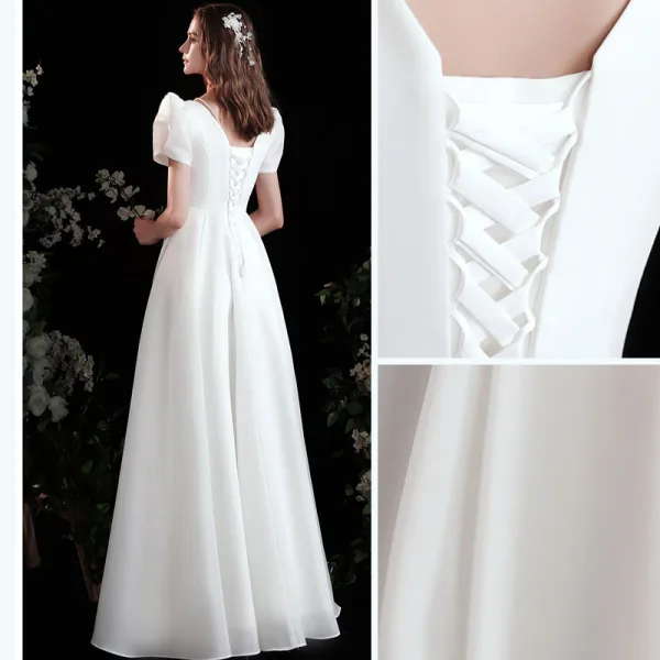 Chic / Beautiful Ivory Satin Prom Dresses 2021 A-Line / Princess Square Neckline Short Sleeve Backless Floor-Length / Long Prom Formal Dresses