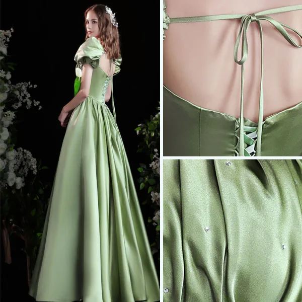 Elegant Sage Green Satin Prom Dresses 2021 A-Line / Princess Square Neckline Puffy Short Sleeve Backless Bow Floor-Length / Long Formal Dresses