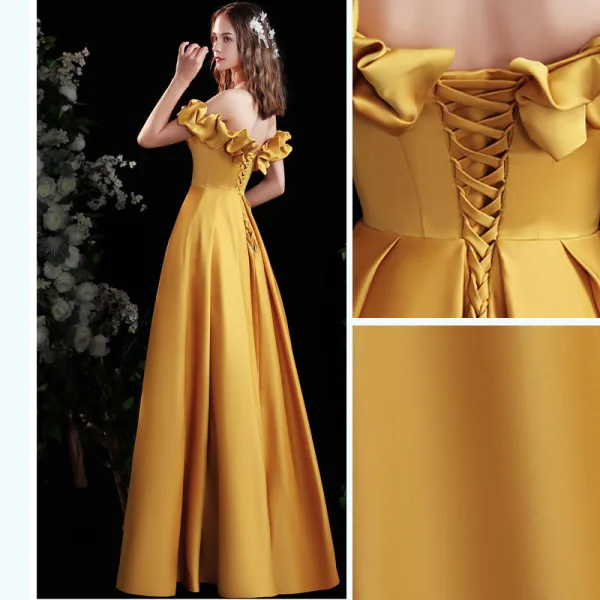 Schöne Gelb Satin Ballkleider 2021 A Linie Off Shoulder Rüschen Kurze Ärmel Rückenfreies Lange Festliche Kleider