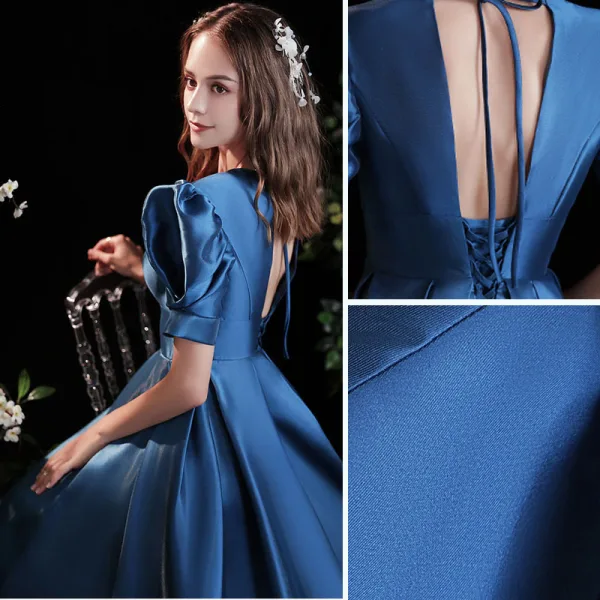 Vintage / Retro Royal Blue Satin Prom Dresses 2021 A-Line / Princess V-Neck Puffy Short Sleeve Backless Floor-Length / Long Prom Formal Dresses