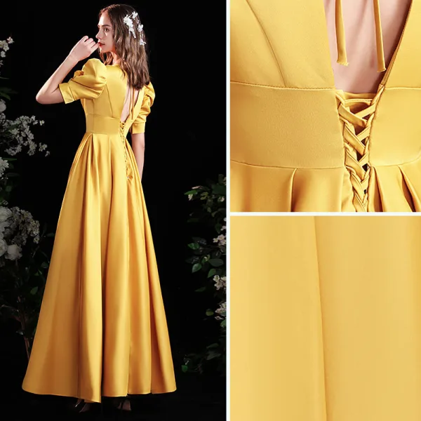 Vintage / Retro Yellow Satin Prom Dresses 2021 A-Line / Princess V-Neck Puffy Short Sleeve Backless Floor-Length / Long Formal Dresses