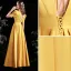 Vintage / Retro Yellow Satin Prom Dresses 2021 A-Line / Princess V-Neck Puffy Short Sleeve Backless Floor-Length / Long Formal Dresses
