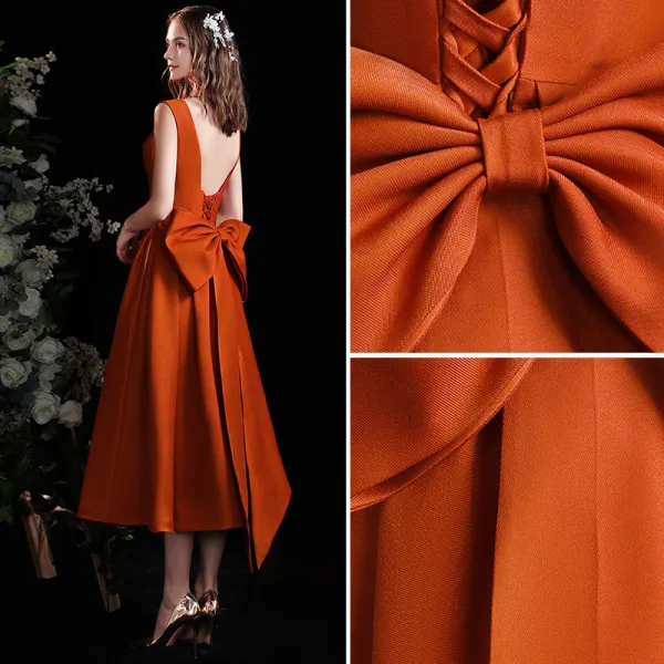 Fashion Orange Homecoming Satin Graduation Dresses 2021 A-Line / Princess Square Neckline Sleeveless Backless Bow Tea-length Formal Dresses