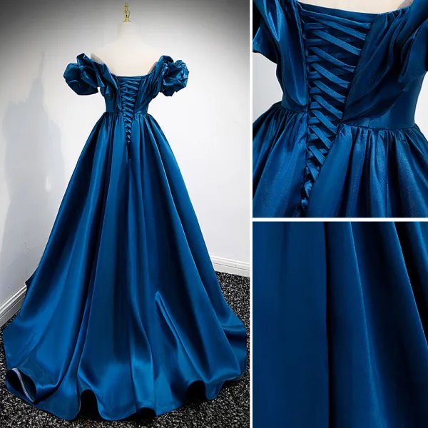 Fashion Royal Blue Satin Prom Dresses 2021 A-Line / Princess Ruffle Off-The-Shoulder Sleeveless Backless Floor-Length / Long Prom Formal Dresses