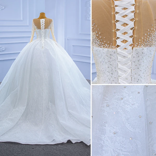 Elegant High-end White Wedding Dresses 2021 Ball Gown Scoop Neck Beading Pearl Sequins Long Sleeve Chapel Train Wedding