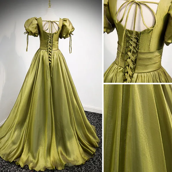 Modest / Simple Clover Green Satin Prom Dresses 2021 A-Line / Princess V-Neck Puffy Short Sleeve Backless Floor-Length / Long Formal Dresses