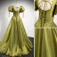Modest / Simple Clover Green Satin Prom Dresses 2021 A-Line / Princess V-Neck Puffy Short Sleeve Backless Floor-Length / Long Formal Dresses