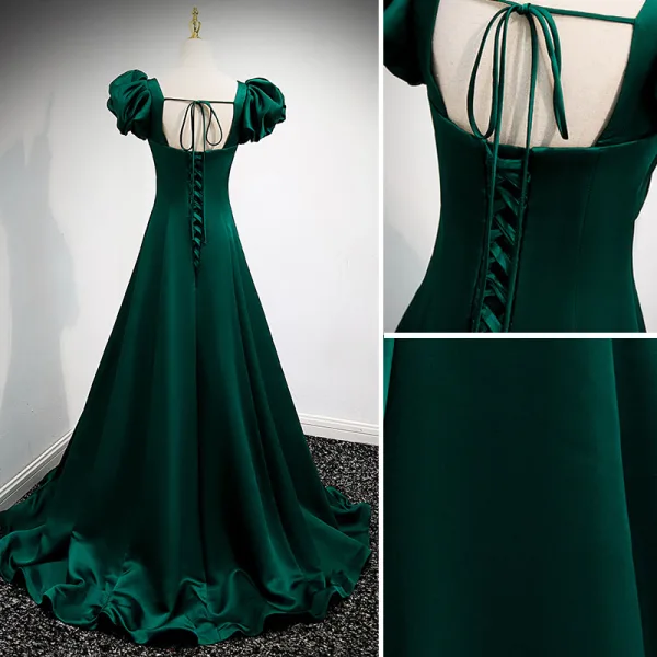Vintage / Retro Dark Green Satin Prom Dresses 2021 A-Line / Princess Square Neckline Puffy Short Sleeve Backless Floor-Length / Long Prom Formal Dresses