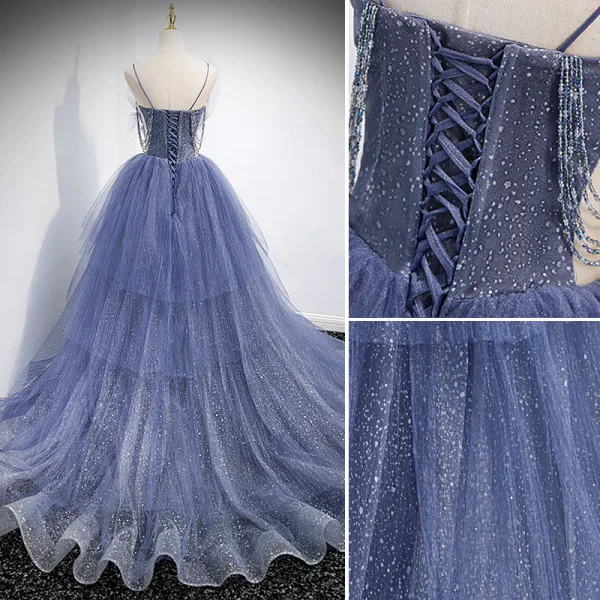 Charmant Himmelblau Fallende Rüsche Ballkleider 2021 A Linie Spaghettiträger Perlenstickerei Strass Pailletten Ärmellos Rückenfreies Sweep / Pinsel Zug Ball Festliche Kleider
